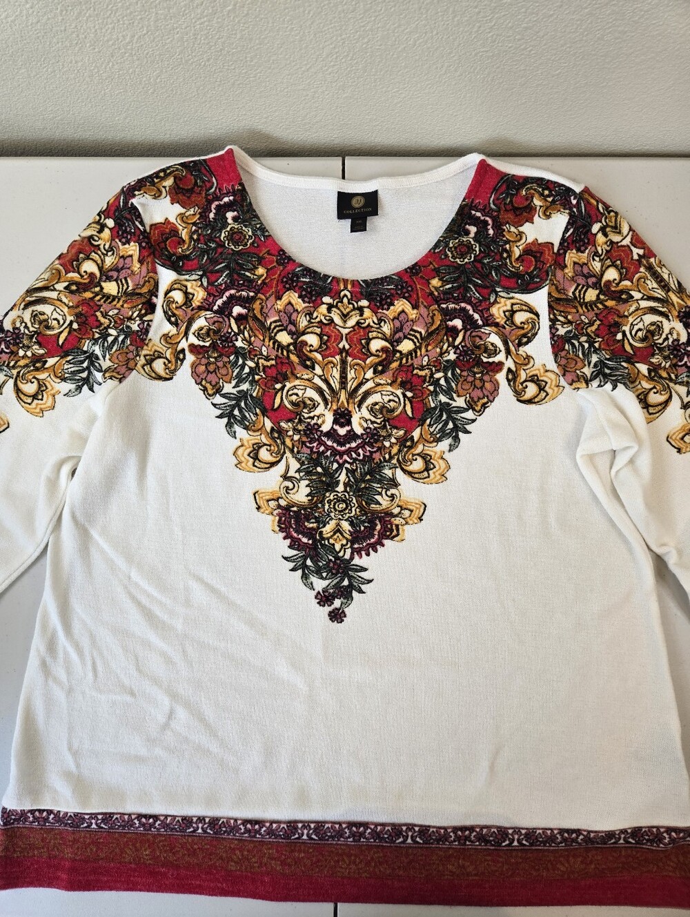 JM Collection Cream Floral Baroque Print Sweater 3/4 Sleeve Lightweight XXL